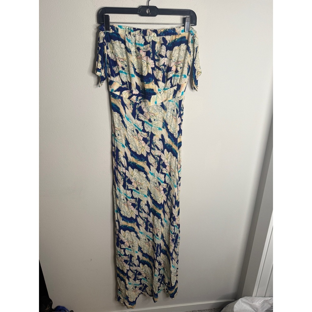Flynn Skye Off Shoulder Ruffle Maxi Dress Floral Print Blue Cream Pink Women's L